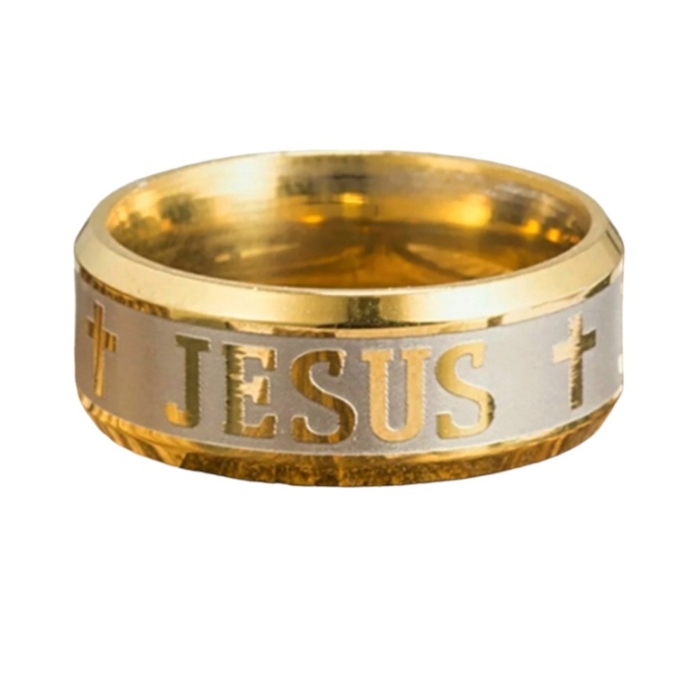 Gold Stainless Steel JESUS Insignia Inlayed Embossed Engraved 8mm Band Ring